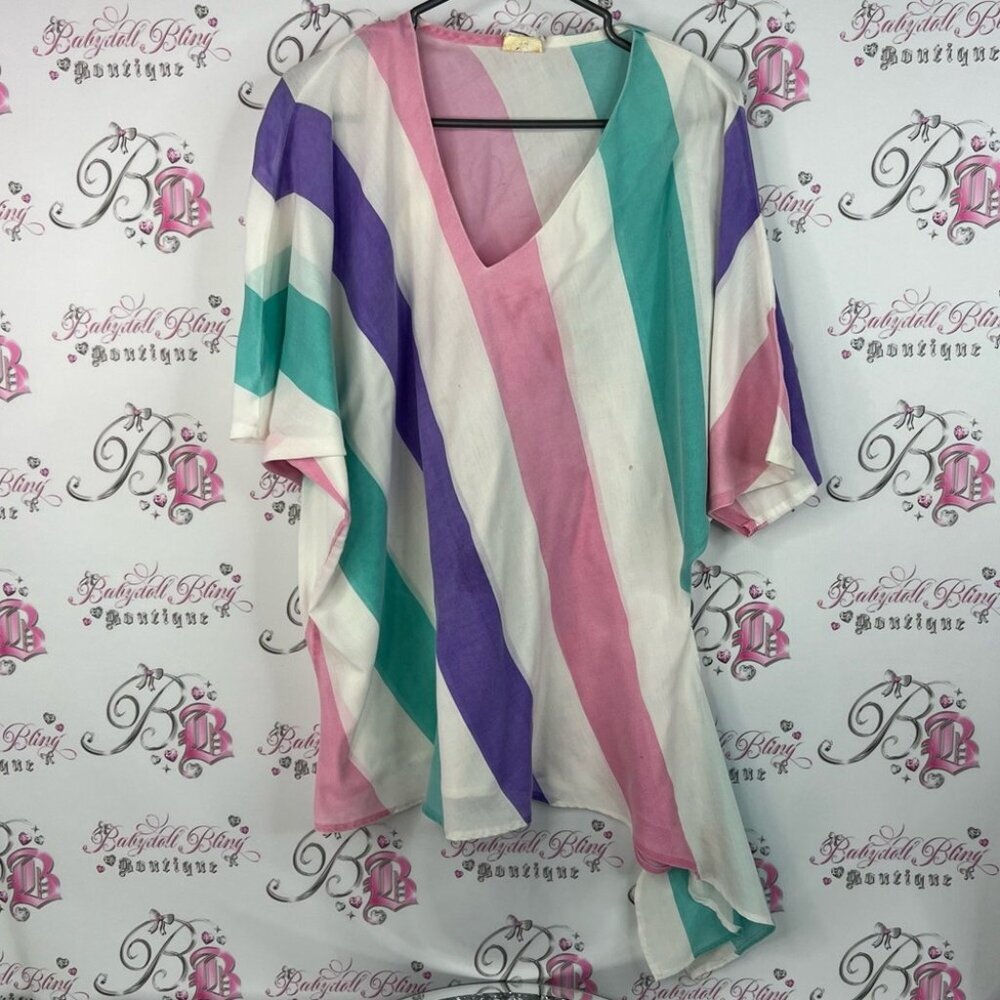 Dotti vintage top tshirt asymmetrical hem Colorful Striped V-Neck Women's Top